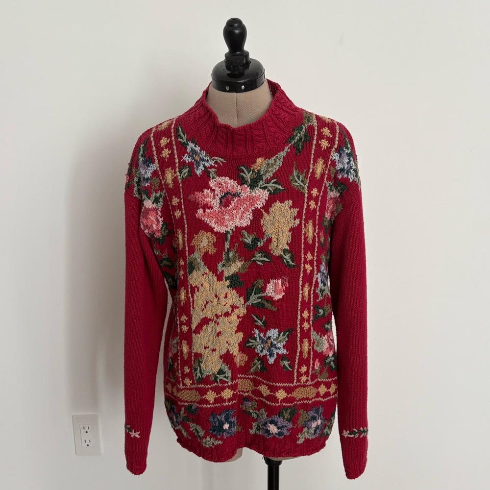 Crystal Kobe LTD Womens Knit Sweater Red Floral Design Grannycore Vintage Comfy